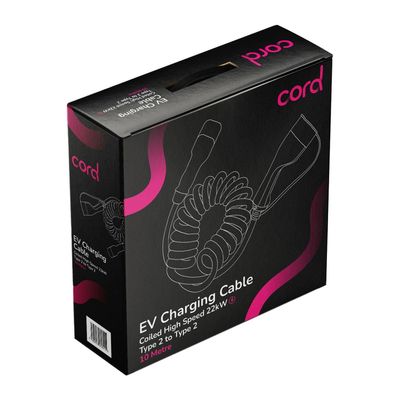 Cord Coiled Charging Cable Type 2 to Type 2 Three Phase Cable 22kw 10 Metre - Black