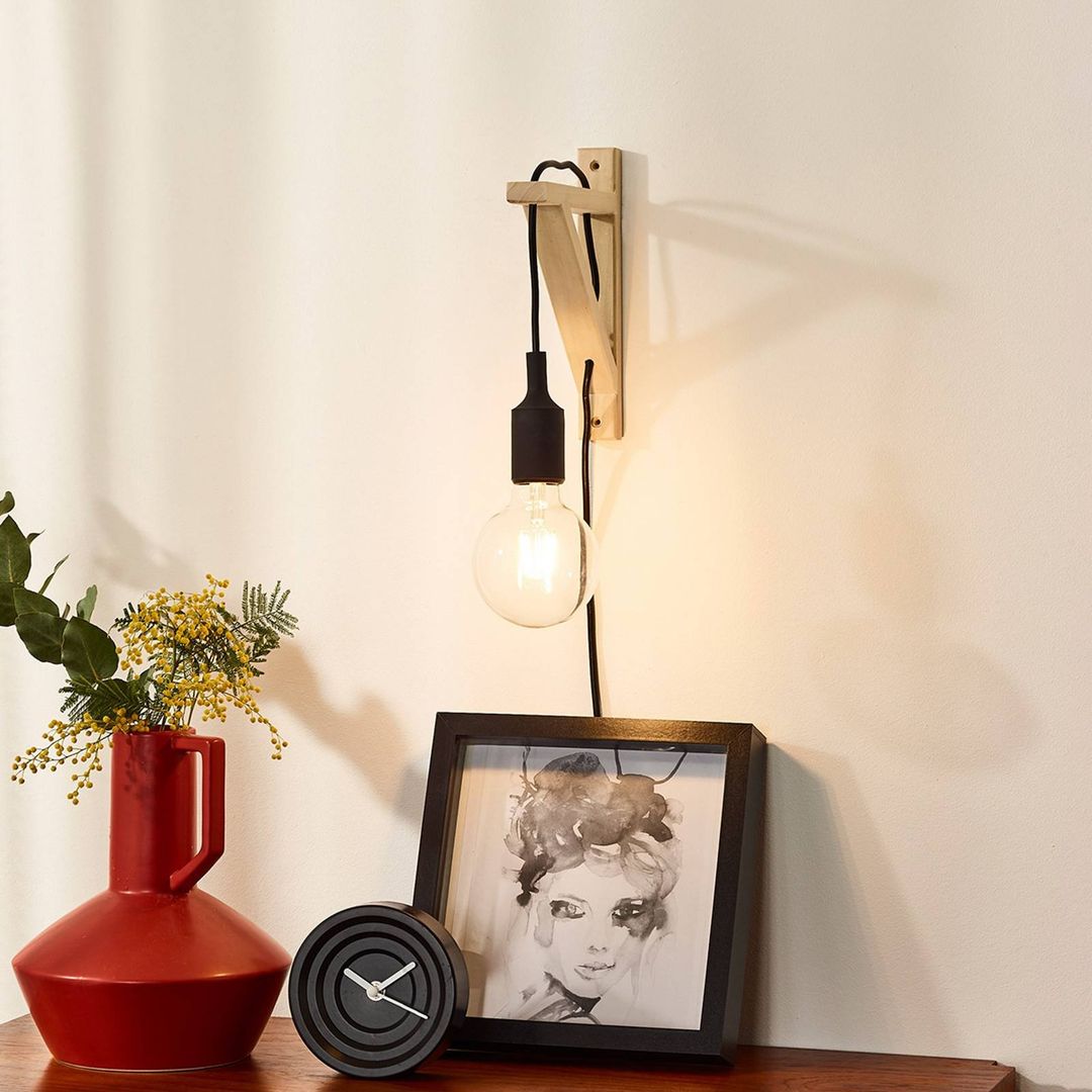 Lucide Fix wooden wall light, black socket - Image 1