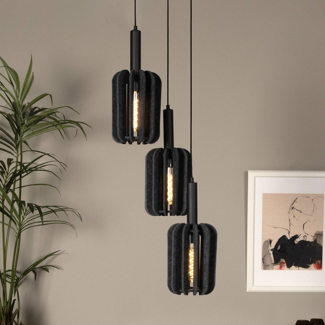Lucide Rafal textile pendant light, Ø 30 cm, grey, angular, 3-bulb - Image 1