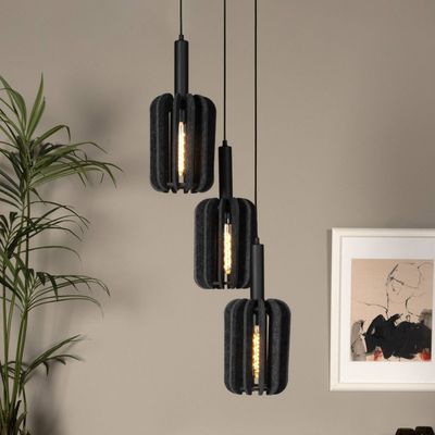 Lucide Rafal textile pendant light, Ø 30 cm, grey, angular, 3-bulb