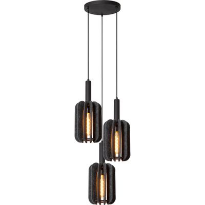 Lucide Rafal textile pendant light, Ø 30 cm, grey, angular, 3-bulb - Thumbnail 2