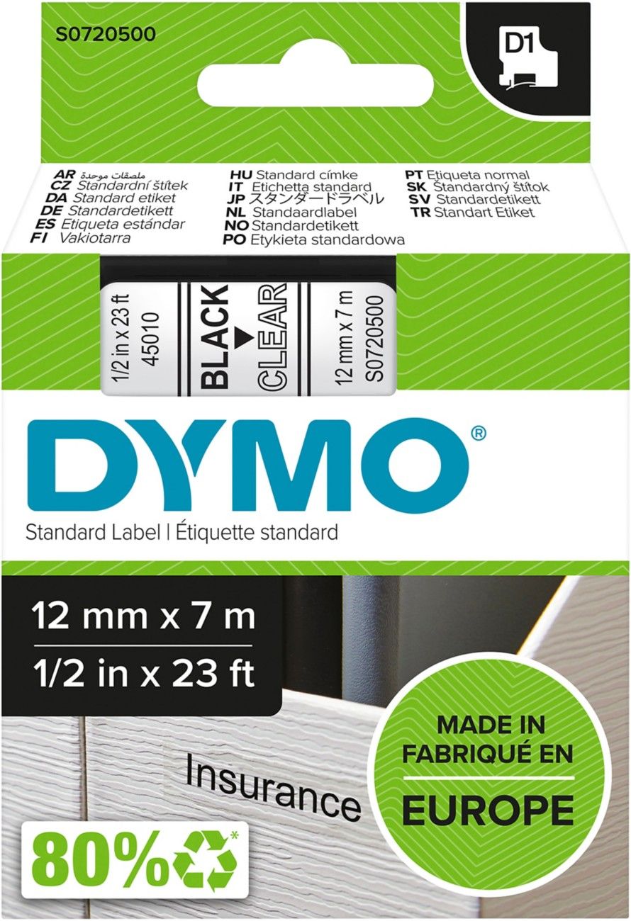 DYMO D1 Standard - Black on Transparent - 12mm - Image 1