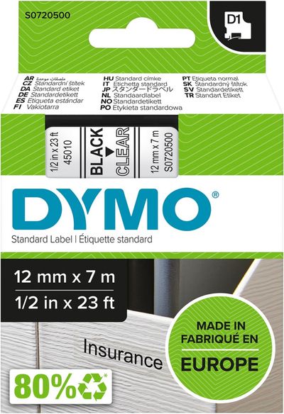 DYMO D1 Standard - Black on Transparent - 12mm