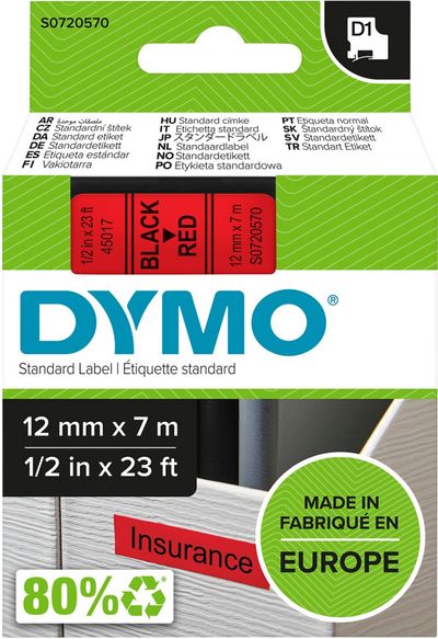 DYMO D1 Standard - Black on Red - 12mm