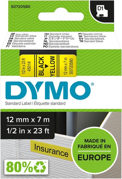 DYMO D1 Standard - Black on Yellow - 12mm