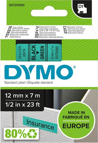 DYMO D1 Standard - Black on Green - 12mm