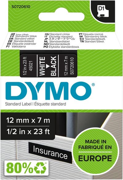 DYMO D1 Standard - White on Black - 12mm