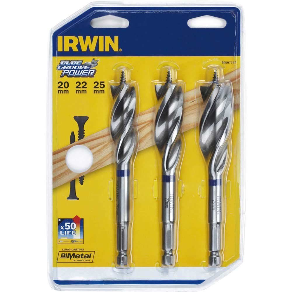 Irwin 3 Piece Blue Groove Nail Biteing Power Wood Drill Bit Set - Image 1
