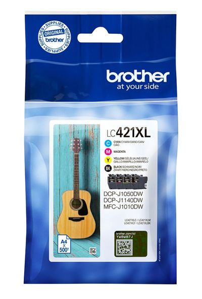 Brother LC-421XLVAL. Cartridge capacity: High (XL) Yield Supply type: Multi pack Colour ink page yield: 500 pages Printing colours: Black Cyan Magenta Yellow Quantity per pack: 4 pc(s) Black ink page yield: 500 pages