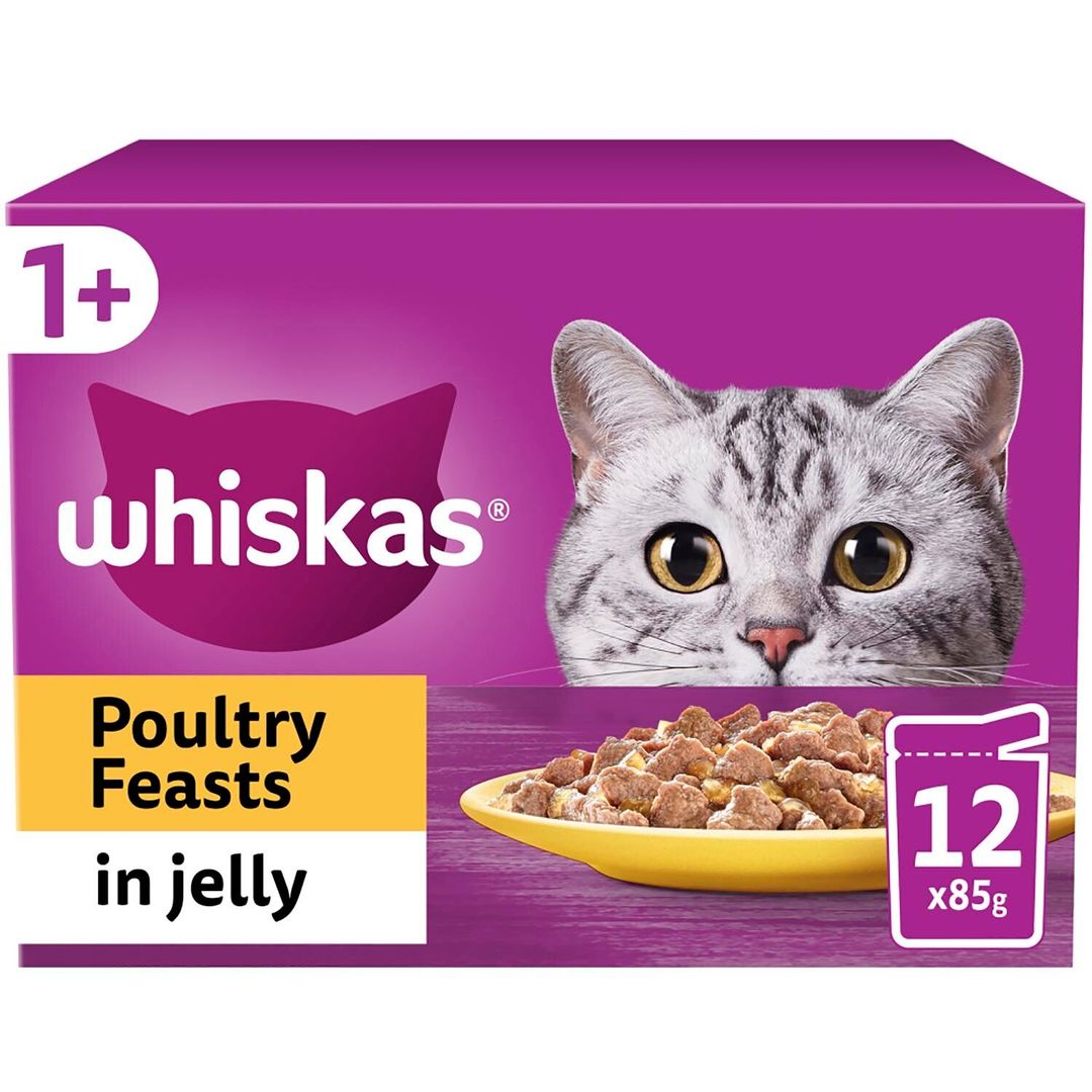 Whiskas 1+ Poultry Feasts Adult Wet Cat Food Pouches in Jelly 12 x 85g - Image 1