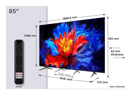 85" TCL 85P8K Smart 4K Ultra HD HDR QLED TV, Silver/Grey