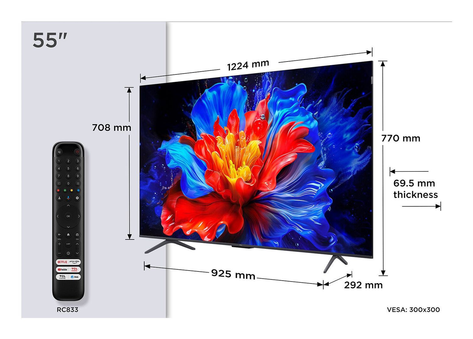 55" TCL 55P8K Smart 4K Ultra HD HDR QLED TV, Silver/Grey - Image 1
