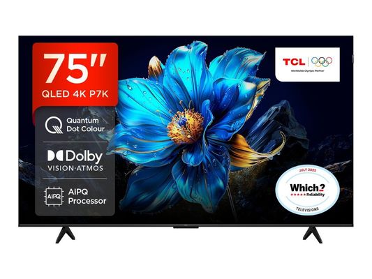 75" TCL 75P7K Smart 4K Ultra HD HDR QLED TV, Silver/Grey
