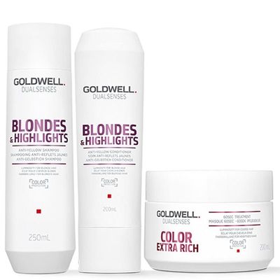 Goldwell Dual Senses Blonde & Highlights Anti-Yellow Shampoo 250ml, Conditioner 200ml & 60 Second Treatment 200ml Pack in Clear