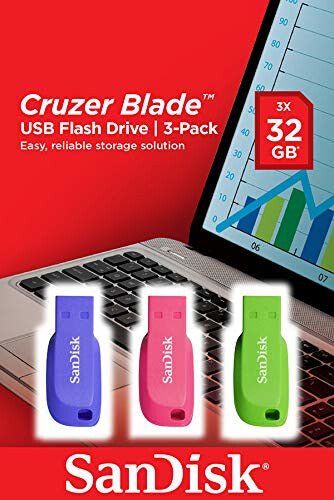 SANDISK Cruzer Blade USB 2.0 Memory Stick - 32 GB, Pack of 3, Green,Pink,Blue - Image 1