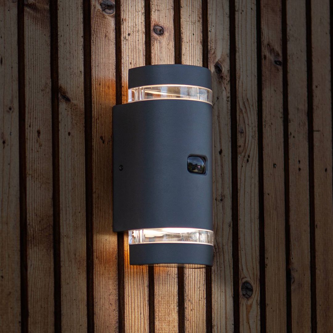 LUTEC FOCUS ROUND sensor-operated outdoor wall lamp, dark grey, 2 x GU10, IP44 - Image 1