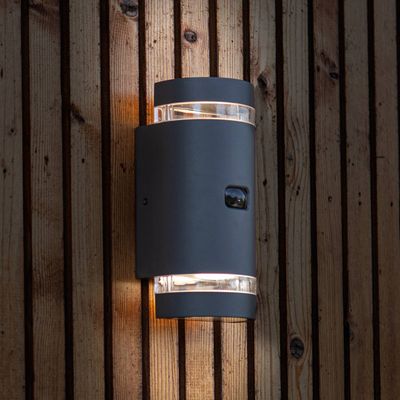 LUTEC FOCUS ROUND sensor-operated outdoor wall lamp, dark grey, 2 x GU10, IP44