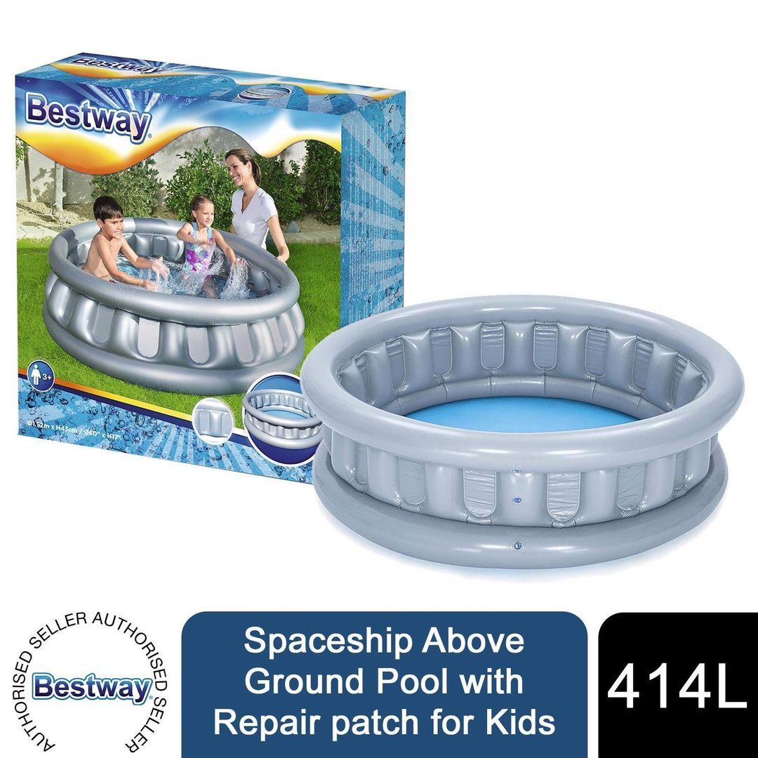 Kids Spaceship Design Above Ground Pool with Repair Patch - Grey - Image 1