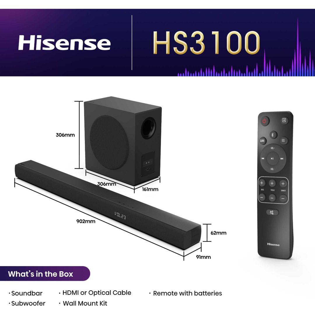 HISENSE HS3100 3.1 Wireless Compact Sound Bar with DTS Virtual:X, Black - Image 1