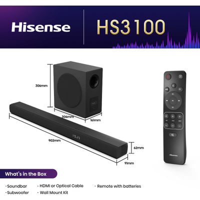 HISENSE HS3100 3.1 Wireless Compact Sound Bar with DTS Virtual:X, Black