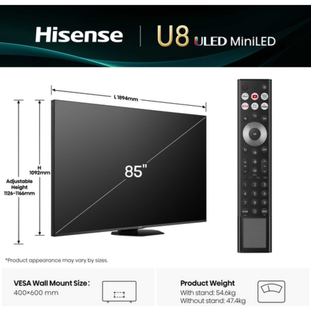 85" HISENSE U8Q Mini LED 4K 165Hz Smart AI TV with Freely - 85U8QTUK, Black,Silver/Grey - Image 1