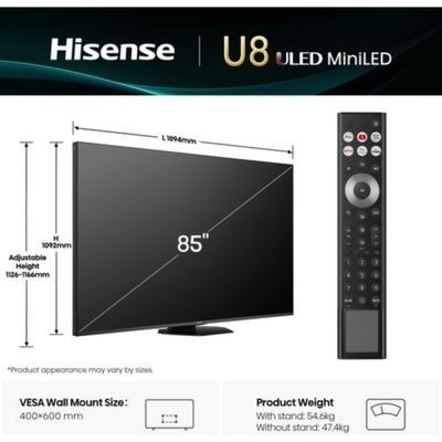 85" HISENSE U8Q Mini LED 4K 165Hz Smart AI TV with Freely - 85U8QTUK, Black,Silver/Grey