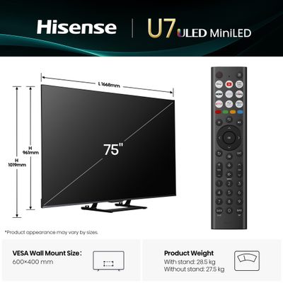 Hisense 75" U7QTUK MiniLED 144Hz Smart AI TV with Freely