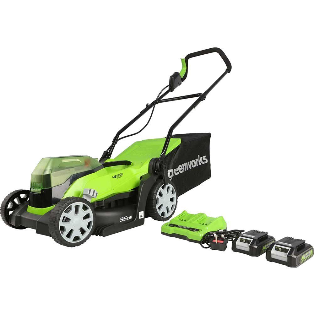 Greenworks G24X2LM36 48v Cordless Rotary Lawnmower 360mm 2 x 2ah Li-ion Battery Charger - Image 1