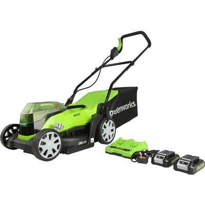 Greenworks G24X2LM36 48v Cordless Rotary Lawnmower 360mm 2 x 2ah Li-ion Battery Charger