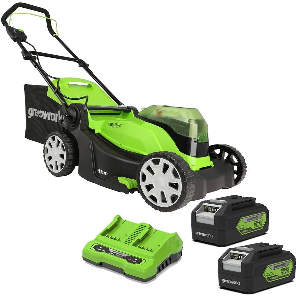 Greenworks G24X2LM41 48v Cordless Rotary Lawnmower 410mm 2 x 4ah Li-ion Battery Charger - Image 1