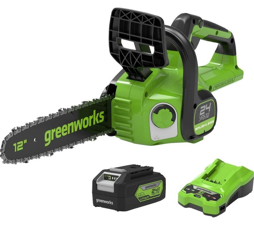 Greenworks 24V 30cm Cordless Brushless Chainsaw with 4.0Ah Battery & Charger - Image 1