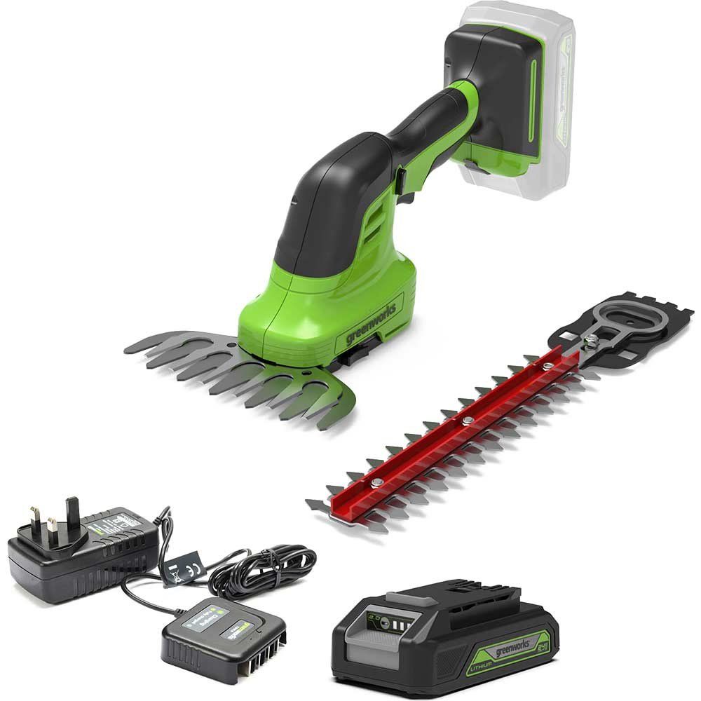 Greenworks G24SHT 24v Cordless Grass and Shrub Shears 1 x 2ah Li-ion Battery Charger - Image 1