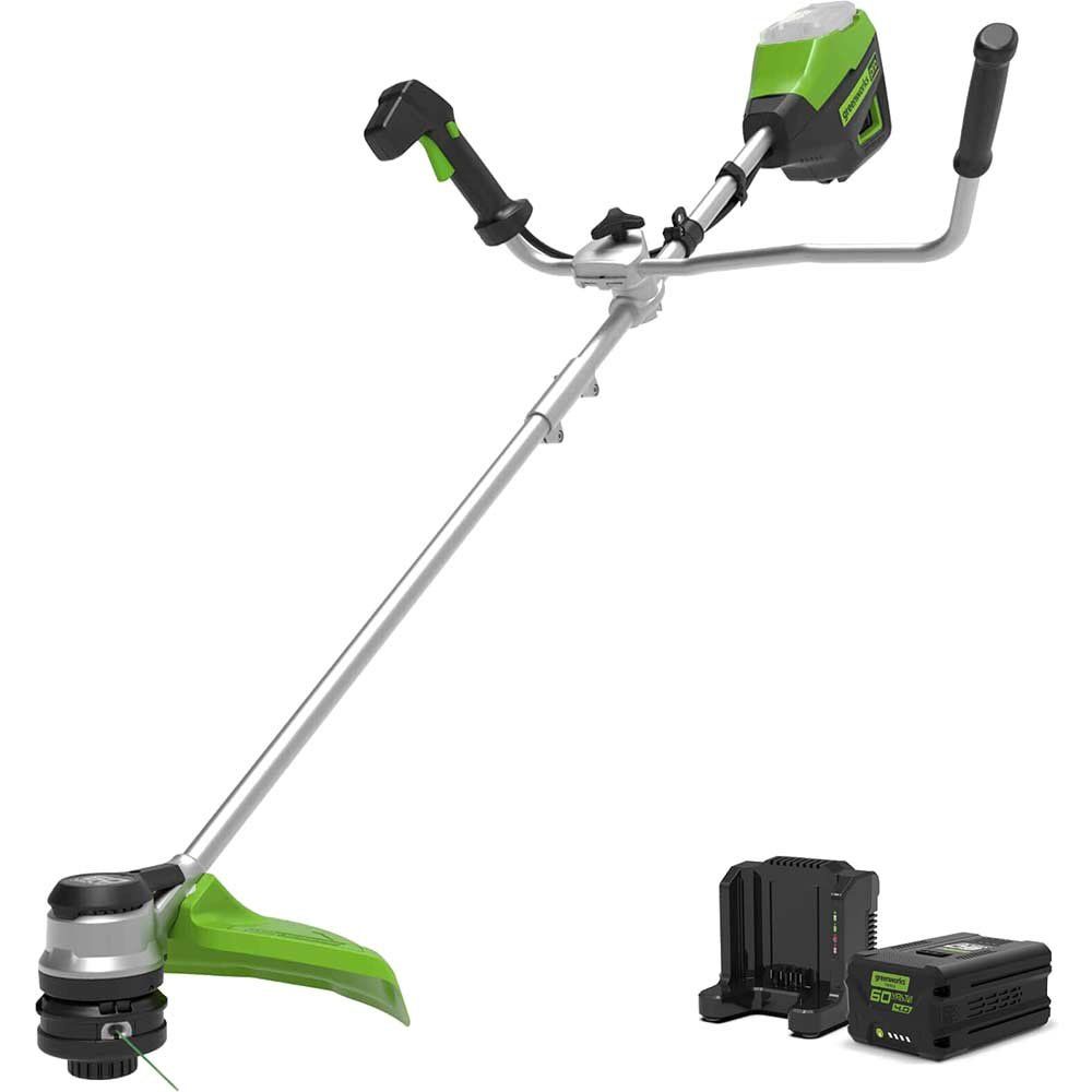 Greenworks GD60BCB 60v Cordless Brushless Grass Trimmer with Bike Handle 1 x 4ah Li-ion Battery Charger - Image 1