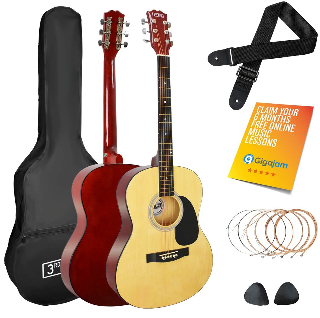 3RD AVENUE Full Size 4/4 Acoustic Guitar Bundle - Natural, Yellow,Red - Image 1