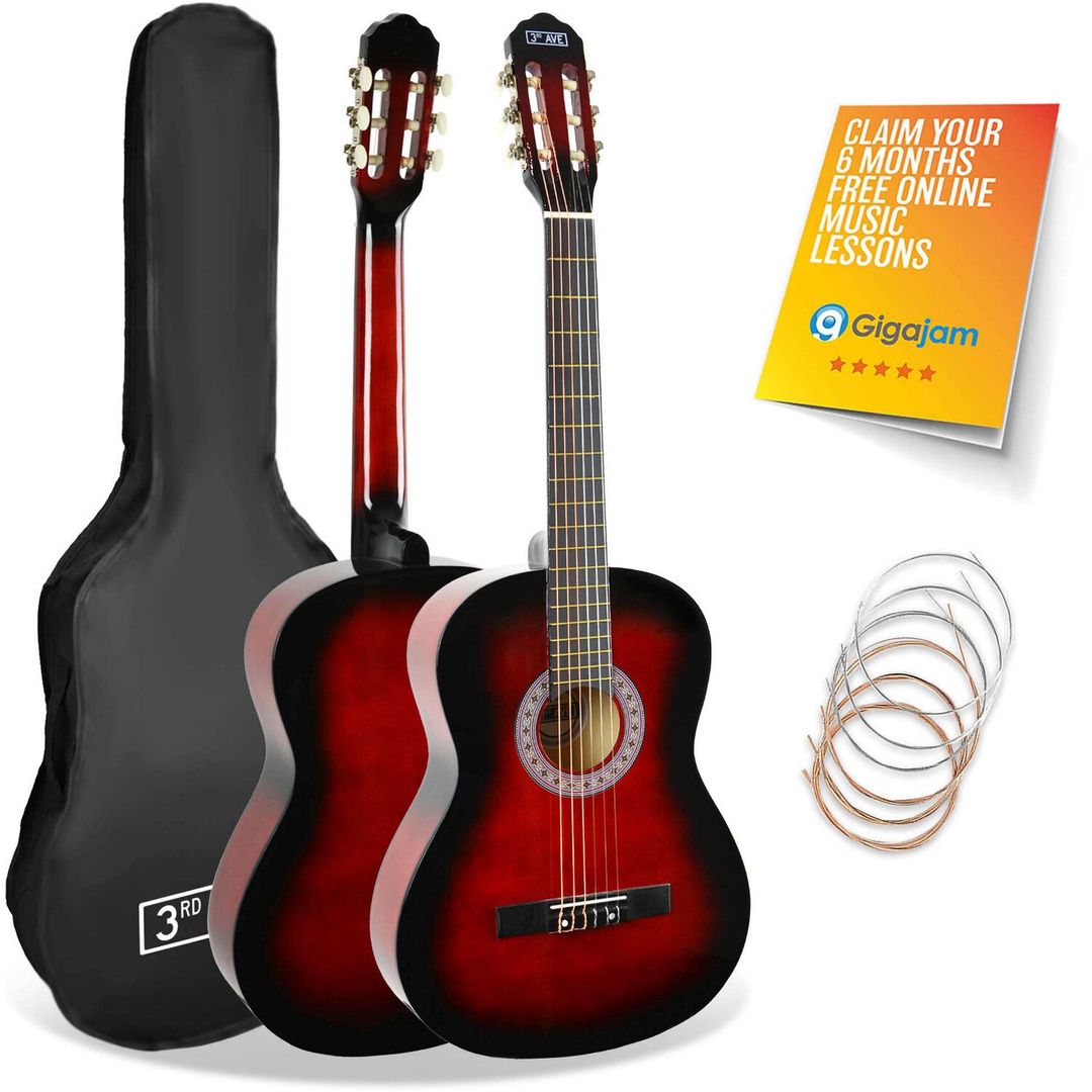 3RD AVENUE Full Size 4/4 Classical Guitar Bundle - Redburst, Red - Image 1