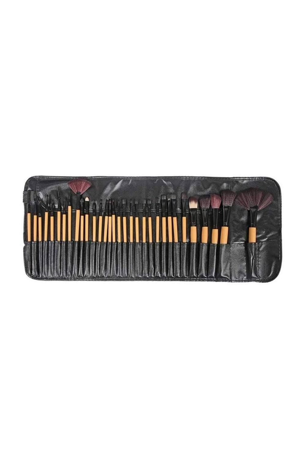 32 Piece Makeup Brush Set with Storage Bag - Wooden - Image 1