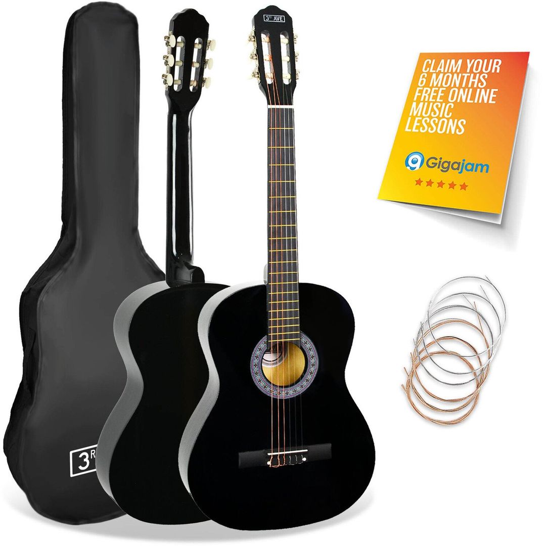 3RD AVENUE Full Size 4/4 Classical Guitar Bundle - Black, Black - Image 1