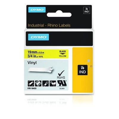 Dymo 18433/S0718470 Ribbon Vinyl black on yellow 19mm x 5.5m for Dymo