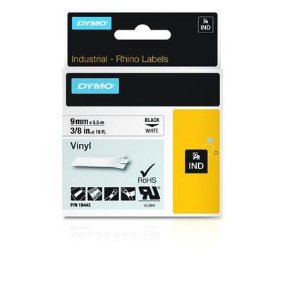 Dymo 18443/S0718580 Ribbon Vinyl black on white 9mm x 5.5m for Dymo Rh