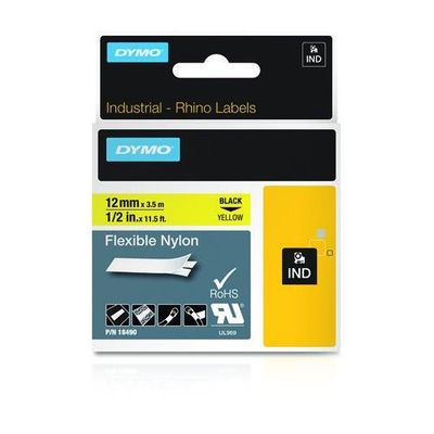 Dymo 18490/S0718080 Ribbon Nylon flexible black on yellow 12mm x 3.5m