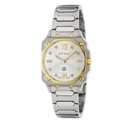 Gucci G-Flat 24mm Stainless Steel and Yellow Gold Plated Diamond Ladies Watch