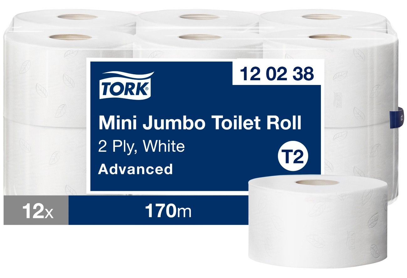 Tork T2 Mini Jumbo Toilet Roll 2-Ply (Pack of 12) 120238 - Image 1