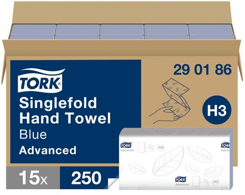 Tork Singlefold Hand Towels H3 Advanced Embossed 15x250 Sheets Blue (Pack of 3750) 290186