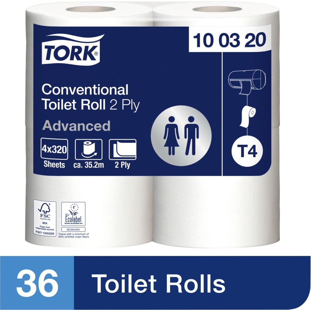Tork T4 Conventional Toilet Paper Roll Advanced 2-Ply White 320 Sheets (Pack of 36) 100320 - Image 1