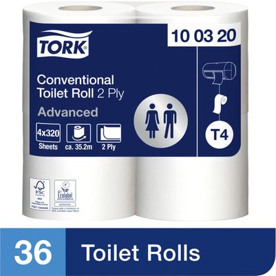 Tork T4 Conventional Toilet Paper Roll Advanced 2-Ply White 320 Sheets (Pack of 36) 100320