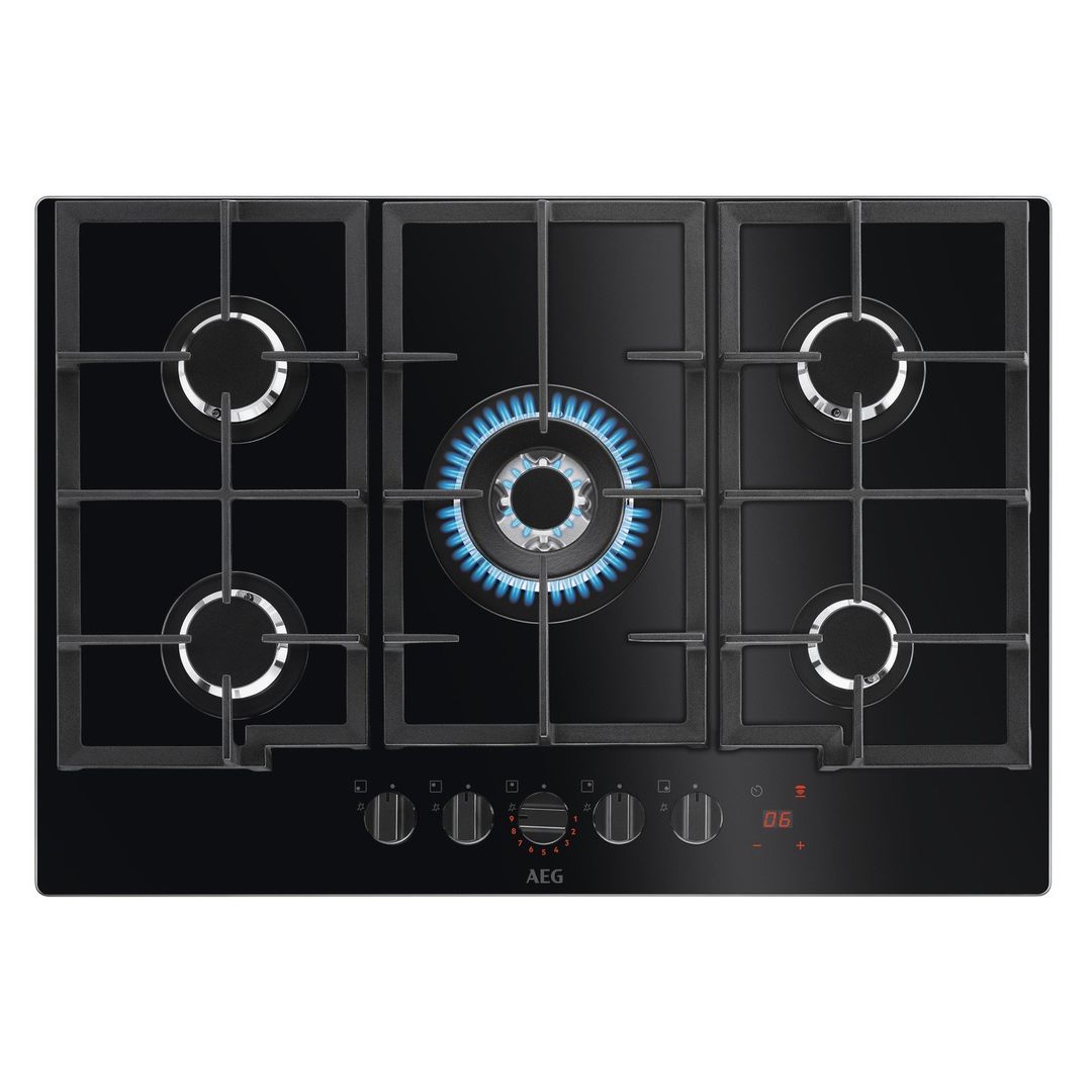 AEG HKB75450NB 74cm Series 8000 5 Burner Hob2Hood FlameLight Gas On Glass Hob - BLACK - Image 1