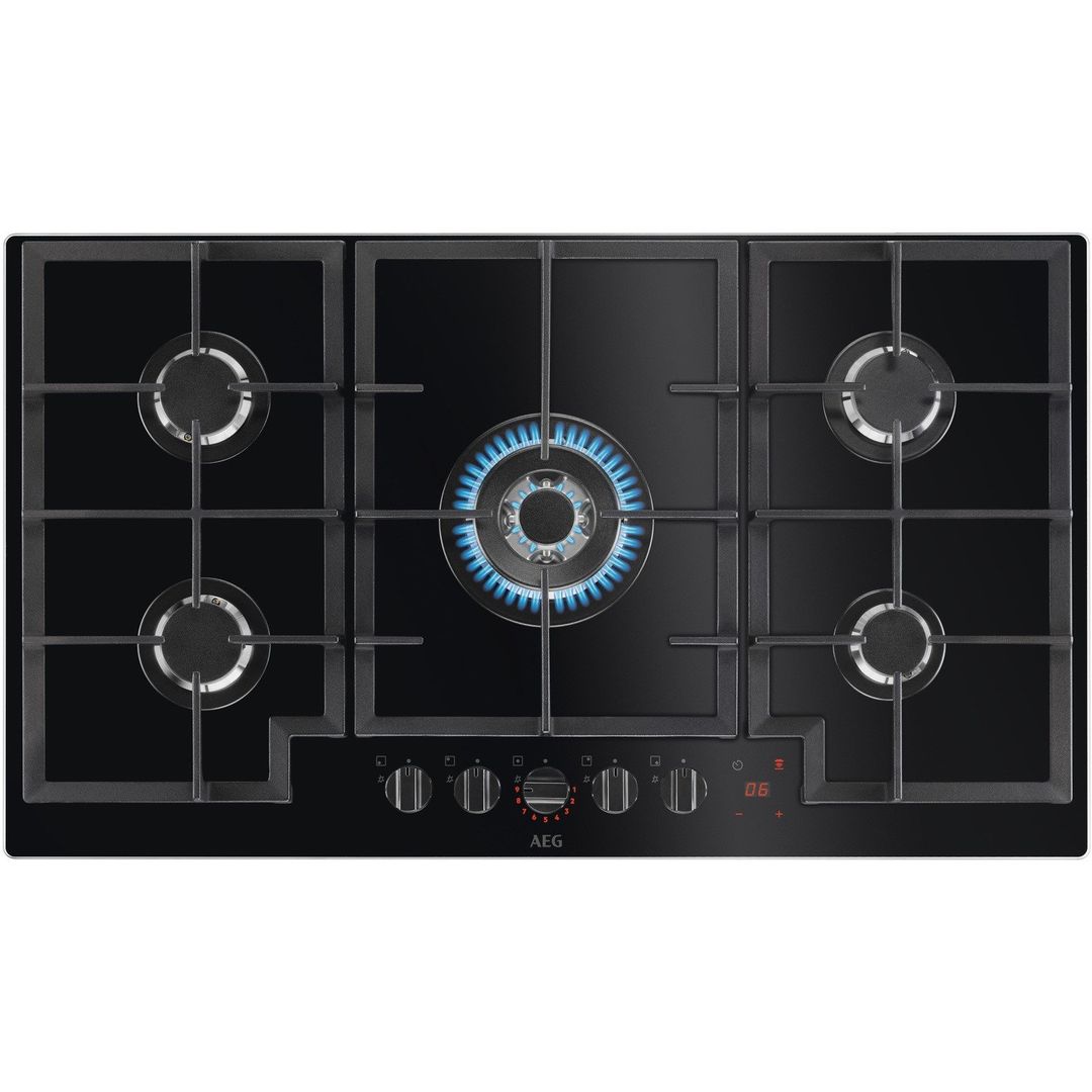 AEG HKB95450NB 88cm Series 8000 5 Burner Hob2Hood FlameLight Gas On Glass Hob - BLACK - Image 1