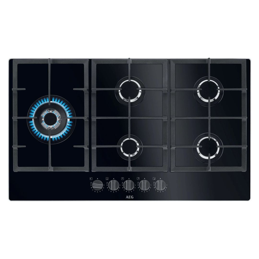 AEG 86cm Series 6000 5 Burner Gas On Glass Hob HKB95820NB Black - Image 1