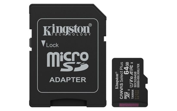 Kingston Technology 64GB microSDXC Canvas Select Plus Gen3 100MB/s A1 Card + Adapter