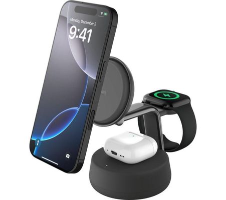 BELKIN Qi2 3-in-1 Magnetic 25 W Wireless Charging Stand - Charcoal, Black